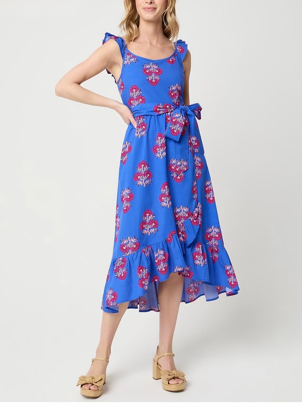 J. Crew Factory Blue Floral High-Low Midi Dress with Waist Tie